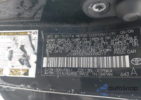 2006 Toyota Corolla Le из США, поврежденный, VIN JTDBR32E560098217